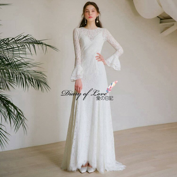 刺繍全体ウェディングドレス 二次会ドレス ライトドレス スレンダー ウェディング ナチュラル フレア袖 海外ウエディングOK 二次会 個性派 ウェディングドレス 披露宴 結婚式