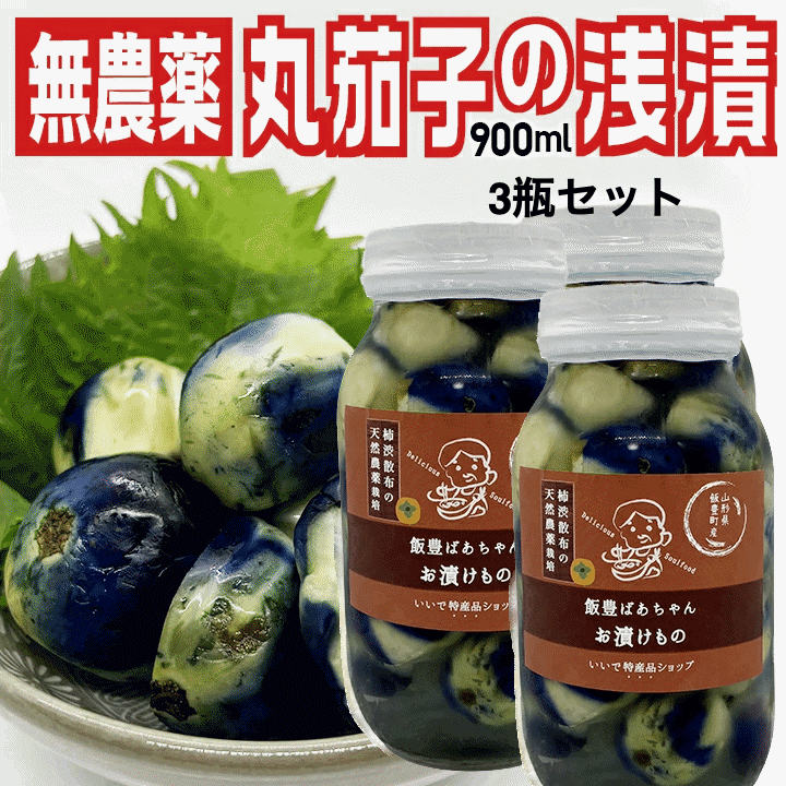 漬物 伝統野菜 柿渋無農薬 薄皮丸茄子 瓶詰め浅漬け 900ml×3瓶 山形県飯豊町産 内...