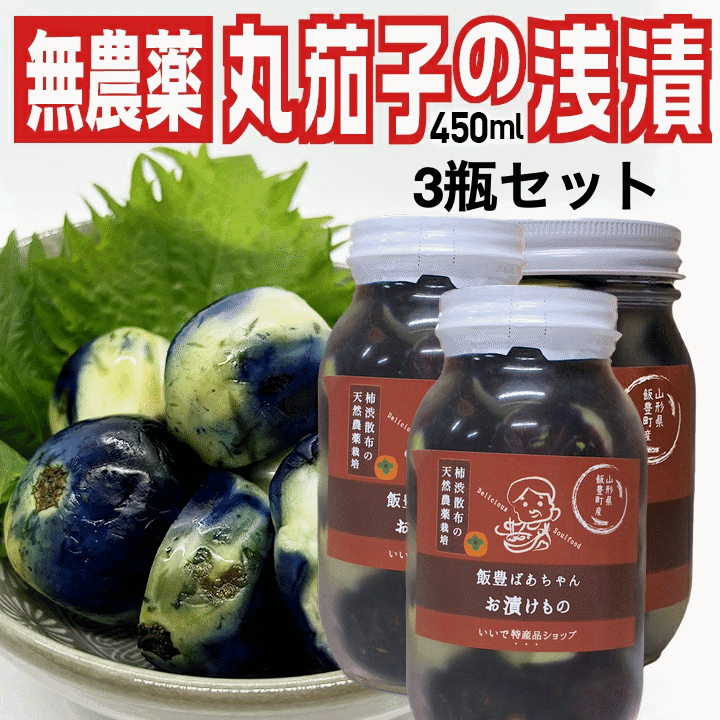漬物 伝統野菜 柿渋無農薬 薄皮丸茄子 瓶詰め浅漬け 450ml瓶×3瓶セット 山形県飯豊...