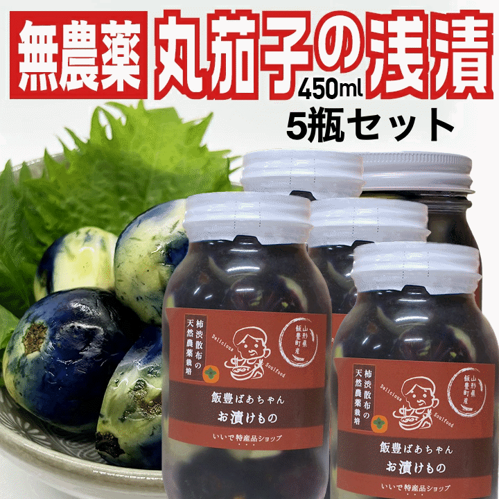 乐天商城 - 漬物 伝統野菜 柿渋無農薬 薄皮丸茄子 瓶詰め浅漬け 450ml瓶×5瓶セット 山形県飯豊町産 内容量1500g 送料無料