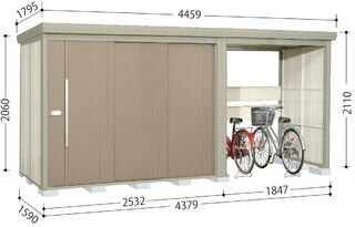 床サイズ：間口4379　奥行1590　高さ2110(mm)物置部内部寸法：間口2476　奥行1420(mm)　 開口部：間口1460　高さ1850(mm)開放部内部寸法：間口1776　奥行1420(mm)　 開口部：間口1708　高さ1900(mm)（基礎天）たて樋（3本）、アンカープレート付配達までの目安入金手続き完了後　10日〜1ケ月　繁忙期・受注集中時は配達にお日にちを頂くことがございます。 各商品配送先よりご相談させて頂く場合がございます。ご了承お願い致します。受注生産品は、上記日数にプラス数日掛かります。●商品は梱包された状態でお届けいたします。●梱包の荷姿・数量・重量はこちら●基礎ブロック必要数：18個※【配達のみ】でご購入の場合は、お客様でご用意下さい。●オプションはこちら●他のサイズはこちらからこちらの商品は【配達のみ】 となっています。 組立工事は受けておりません。ご了承ください。 ・マンション、ビル等への配達は1階での引き渡しとなります。