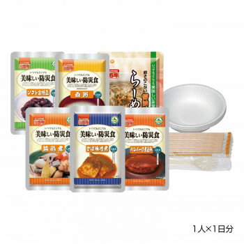 ご注文後7〜10日前後の出荷となります※納期に関しては、通常土日祝日を除いた営業日での出荷予定ですが、欠品やメーカー終了の可能性もあり、その場合は別途メールにてご連絡いたします【※在庫切れの場合、ご注文をキャンセルとさせて頂く場合がございますので予めご了承ください。】【※お届け先が沖縄・北海道・離島の場合、別途料金が発生する場合がございます。】【※配達日時指定できませんのでご了承願います】緊急時にご自宅に常備しておきたい非常食のセットです。サイズ個装サイズ：25×18.5×22cm重量個装重量：2100g仕様目安:1人×1日分賞味期間：製造日より2,010日セット内容・さば味噌煮×1袋・筑前煮×1袋・ハンバーグ煮込み×1袋・ソフト金時豆×1袋・らーめん×1袋・白粥×1袋・皿×10枚・割り箸×5膳・プラスチックスプーン×1本・段ボール箱入り×1箱生産国日本・広告文責（株式会社ニューフロンテア 03-5727-2355）fk094igrjs