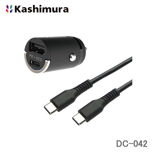 DC-PD20W USB 2ポート QC3 自動判定 コンパクト C-Cケーブル付 DC-042USB PD(Power Delivery)規格対応/QuickCharge3.0規格対応【特長】・車のDCソケットをUSB-AとType-Cの2ポートのUSB電源に変換。・車のDCソケットのキャップが閉まる超コンパクト設計。・USB PD(Power Delivery)規格準拠。USB Type-Cポート最大20W (9V/2.22Aまたは12V/1.67A)の高出力。・クアルコム社 クイックチャージ3.0規格準拠。USB-Aポート最大18W (9V/2Aまたは12V/1.5A)の高出力。・2ポート同時使用時は合計最大15W出力。(2ポート共5V出力)・DCソケットから本体を抜き出しやすい合金製の取っ手構造。・暗い状況でもわかりやすい、USBポートを照らすブルーLEDランプ内蔵。・12V/24V車兼用。・Type-C to Type-Cストレートケーブル付属。（コード長：約1.2m）※コネクタ形状がType-Cコネクタ以外の機器を充電する場合は、各機器の純正ケーブルをご用意ください。※キャップが完全に閉まる車種の適合についてはお答えできません。【主な仕様】本体色：ブラック入力電圧：DC12V/24V　マイナスアース車出力電圧/電流：USB-Aポート：・QC3.0対応端末　最大18WDC12V1.5A / DC9V2A / DC5V3A・QC3.0非対応端末最大15WDC5V3AUSB Type-Cポート：・USB PD対応端末　最大20WDC12V1.67A / DC9V2.22A / DC5V3A・USB PD非対応端末　大15W　DC5V3A2ポート合計最大15W（DC5V3A）使用温度範囲：0〜40℃付属品：Type-Cケーブル：コード長：1.2mコネクタ形状：USB2.0[Type-C]オスUSB2.0[Type-C]オス許容電力：5V3A本体サイズ/重量：23W×40H×22Dmm / 12g（ケーブルを除く）