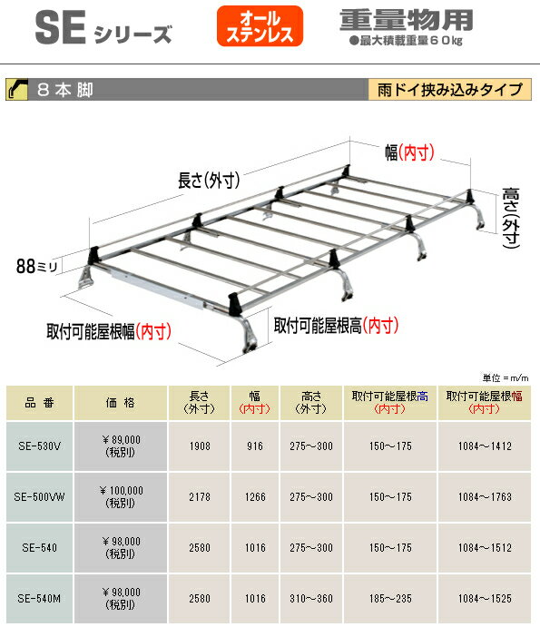 ロッキープラス ルーフキャリア 重量物用 オールステンレス 8本脚 * スズキ エブリーワゴン 標準ルーフ DA64W系 平成17年8月〜 SE-530V 2