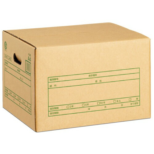 簡易箱タイプの保存箱。 ●外形寸法（幅）[mm]：406 ●外形寸法（奥）[mm]：326 ●外形寸法（高）[mm]：268 ●内形寸法：幅400×奥320×高260mm ●規格：A4用 ●材質：ダンボール ●文書保存箱　A式