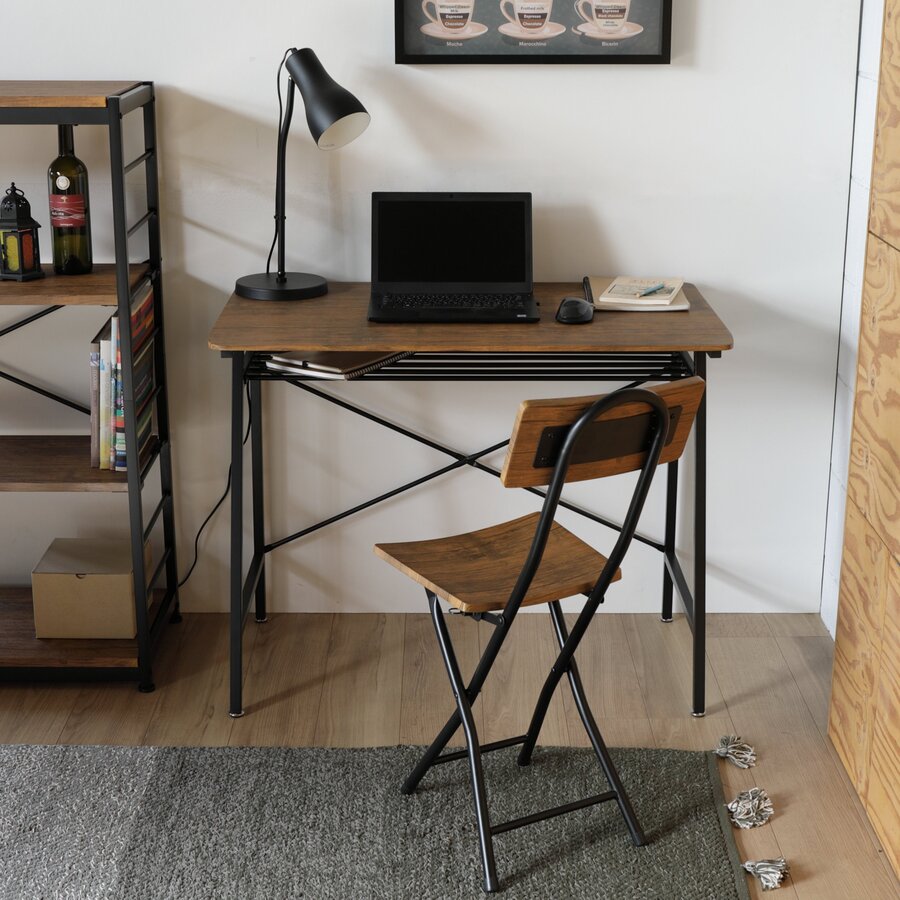 木目×ブラックスチール脚ワークデスク 幅90cm パソコンデスク PCデスク 勉強机 木製風 棚付き ラック付き 収納付き コンパクト 省スペース スリム リビング学習机 ヴィンテージ風 かっこいい シンプル 北欧風 おしゃれ 男前