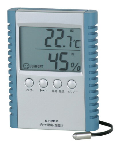 商品詳細・温度と湿度を同時に表示 ・温度は室内と室外など2ヶ所の温度を計測 ・DRY C0MFORT WETで快適度の目安をイラストで表示 ・温度・湿度の最高最低メモリーを表示機能付 ・室内外の温度、室内湿度を自由に設定。アラームでお知らせ。 ・着脱式の温度外部センサ(生活防水)/コード長さ約2.8m ・コード長さ5m着脱式外部センサあり(別売り) ・外部センサホルダー付(接着止め・ビス止め可能) ・【デジコンフォ2　デジタル温度計/内・外温度計】 暖房20℃、冷房28℃で温度をコントロール。 ●設定温度・湿度をアラームでお知らせ。 掛式、置式兼用型 着脱式外部センサはこちら 仕様一覧 使用温度範囲 温度 (本体)0〜＋50度(外部センサー)-10〜60℃ 使用湿度範囲 20〜80％RH 精　度 温度±1℃(0〜40℃)±2℃(上記範囲外) 湿度±5％RT(40〜80％RT)±7％RH(上記範囲外) 本体サイズ 約98×75×18mm 質量（箱含む） 約145g 電源 単4アルカリ電池2個 ※記載内容の仕様及び外観は、改良のため予告なく変更されることがあります。