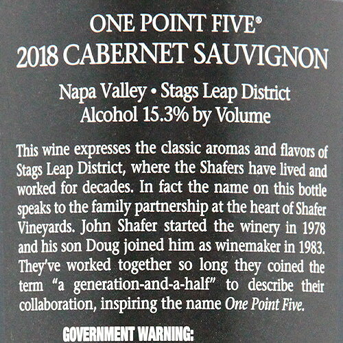 【2.2万円以上で送料無料】シェーファー ワンポイントファイヴ カベルネ ソーヴィニョン 2019 Shafer One Point Five Cabernet Sauvignon 赤ワイン アメリカ カリフォルニア ナパ ヴァー スタッグス リープ ディストリクト