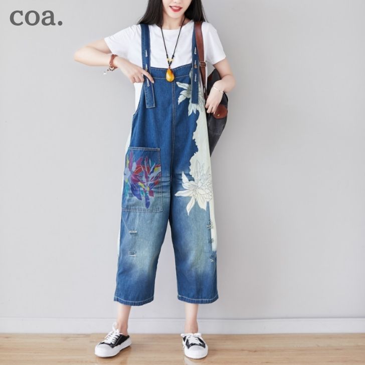乐天商城 - デニムサロペット レディース オーバーオール オールインワン ロングパパンツ ロング丈 ダメージ加工 デニムパンツ シンプル カジュアル プリント レトロ 柄 体型カバー ゆったり デート お洒落