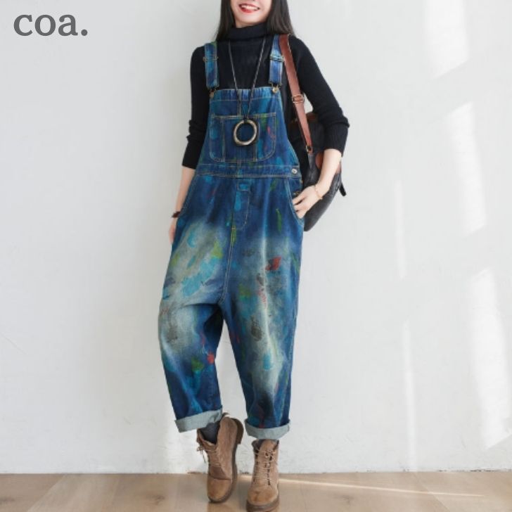 デニムサロペット レディース オーバーオール オールインワン ロングパパンツ ロング丈 デニムパンツ シンプル カジュアル レトロ 柄 体型カバー ゆったり デート お洒落