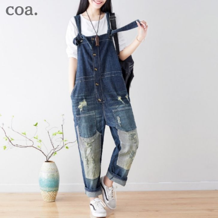 乐天商城 - デニムサロペット レディース オーバーオール オールインワン ロングパパンツ ロング丈 デニムパンツ ダメージ加工 シンプル カジュアル レトロ 体型カバー ゆったり デート お洒落