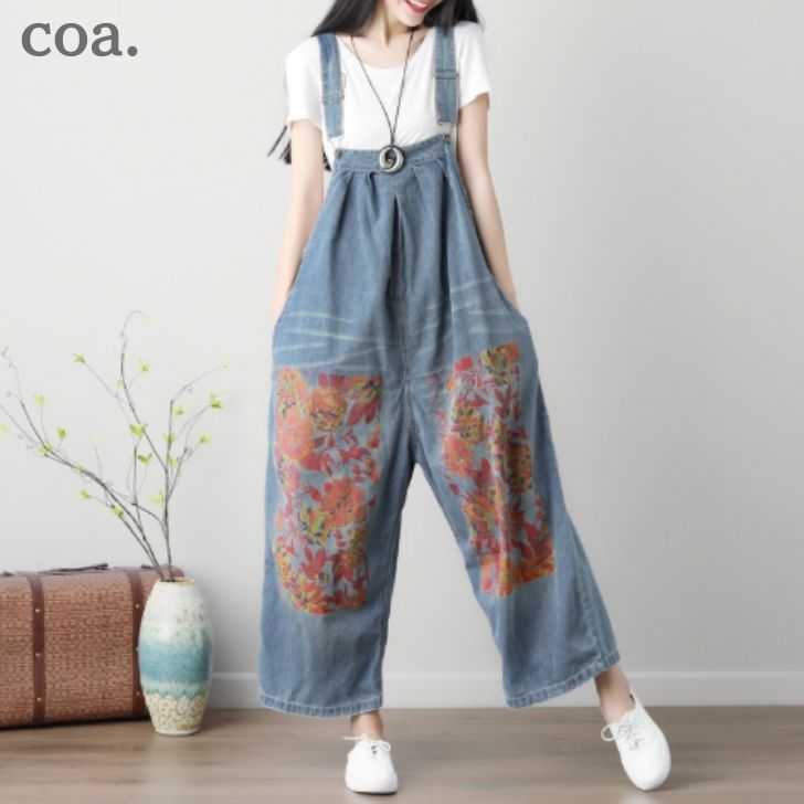 Rakuten - デニムサロペット レディース オーバーオール オールインワン ロングパパンツ ロング丈 デニムパンツ プリント 柄 シンプル カジュアル レトロ 体型カバー ゆったり デート お洒落
