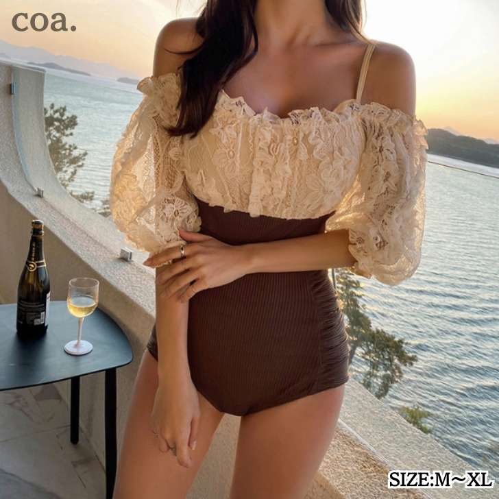 水着 ワンピース レディース オールインワン 体型カバー レース 袖あり 無地 シンプル ママ水着 セクシー 可愛い きれいめ エレガント 露出控えめ お洒落 大人