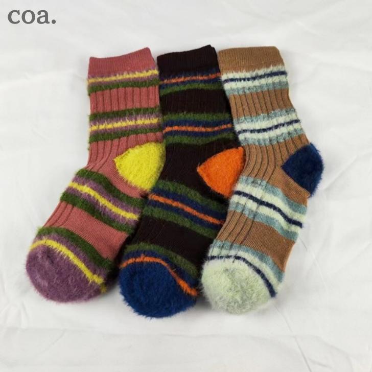 靴下3足セット ソックス くつ下 ふわもこ ふわふわ レディース 女性 シンプル ボーダー 可愛い お洒落 秋 冬【返品交換不可】