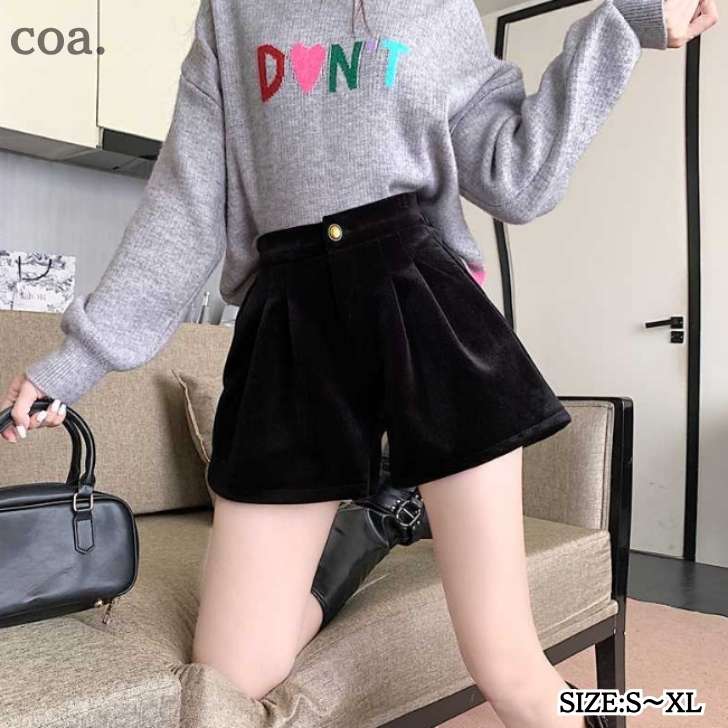 乐天商城 - ショートパンツ パンツ ベロア ハイウエスト ミニ丈 レディース ボトムス ショート丈 ウエストゴム 無地 おしゃれ カジュアル かわいい デート シンプル