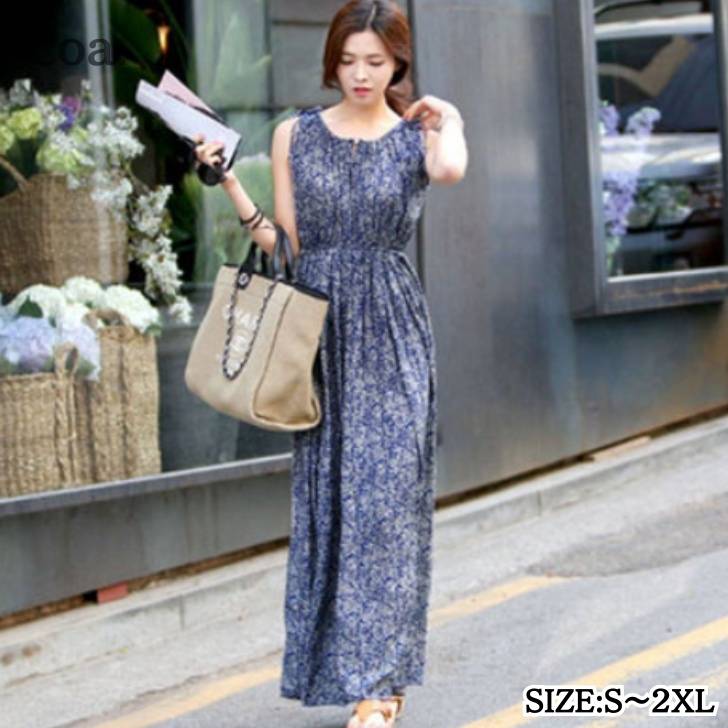 乐天商城 - ワンピース 花柄 ノースリーブ 袖なし レディース 大人 ゆったり 楽ちん 花柄 ロング丈 ロングワンピース ウエストゴム 体型カバー ラフ 楽ちん 普段着 お洒落 可愛い リゾート ガーリー レトロ シンプル カジュアル