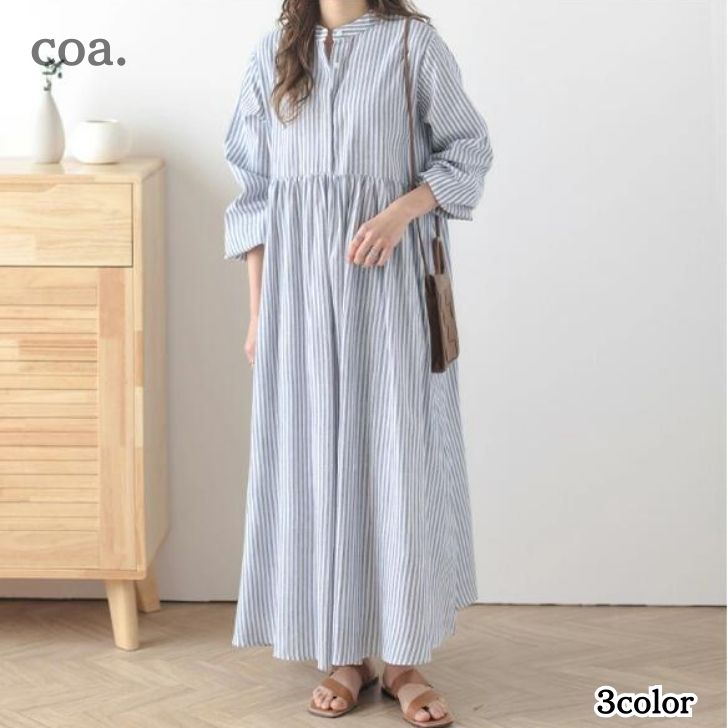 乐天商城 - シャツワンピース レディース ロング丈 ロングワンピース ロングシャツ 長袖 シンプル ストライプ チェック 体型カバー ゆったり カジュアル ナチュラル 大人 女性 普段着 おでかけ