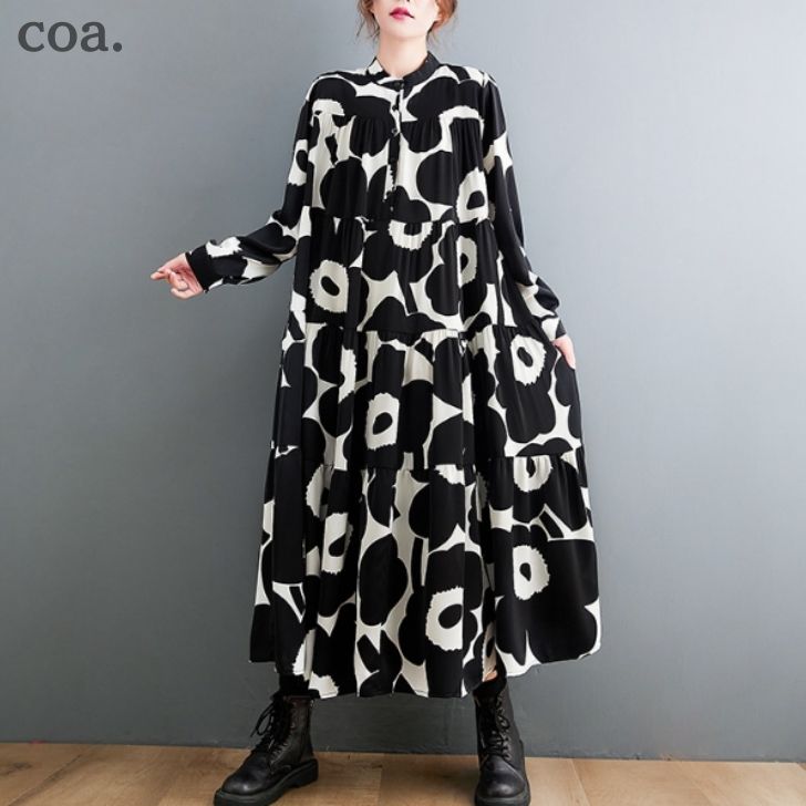 乐天商城 - ワンピース レディース シャツワンピース ロングシャツ Aライン 花柄 プリント 長袖 ミモレ丈 ミモレワンピース ロング丈 ロングワンピース 体型カバー ゆったり シンプル ゆったり カジュアル ナチュラル おしゃれ かわいい きれい 大人 女性 普段着 おでかけ