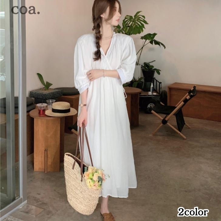 Rakuten - ワンピース ロングワンピース マキシワンピース レディース ゆったり フレア 体型カバー マキシ丈 ロング丈 七分袖 Vネック 無地 カジュアル シンプル 大人 デート お出かけ お洒落 きれいめ Aライン