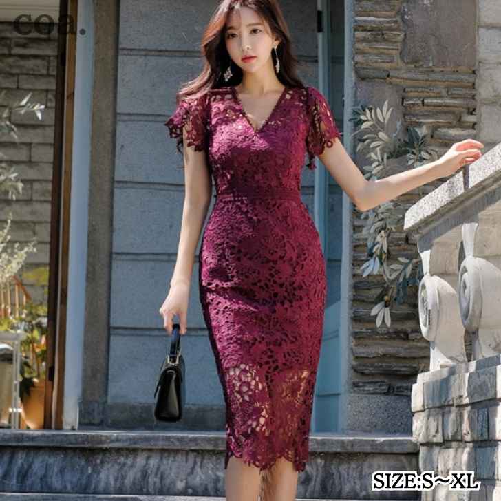 タイトワンピース レディース 膝丈 総レース 半袖 スリット シンプル パーティードレス キャバドレス セクシー カジュアル エレガント デート 奇麗め 上品 お洒落 二次会 結婚式 お呼ばれ 女子会 入学式 入園式 卒園式 卒業式