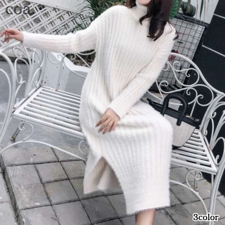 乐天商城 - ニットワンピース ミモレワンピース スリット ハイネック タートルネック レディース ミモレ丈 膝丈 ふわふわ やわらかい 長袖 シンプル 無地 カジュアル デート 奇麗め お洒落 女子会