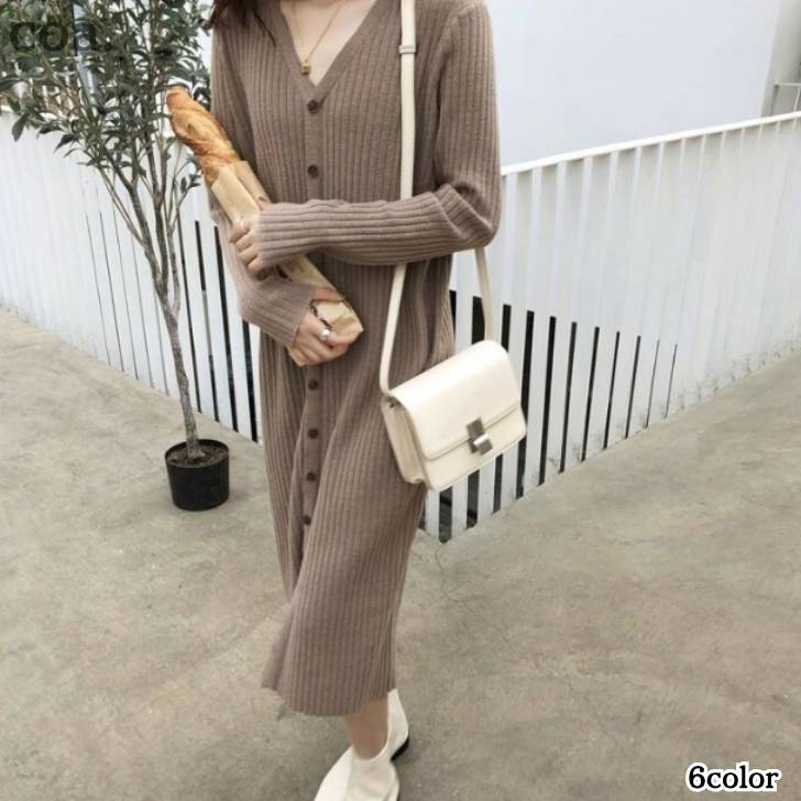 ニット ワンピース ニットワンピ 長袖 レディース Vネック 無地 ミモレ丈 ミモレワンピース ふんわり 柔らかい マタニティ 妊婦 ゆった..