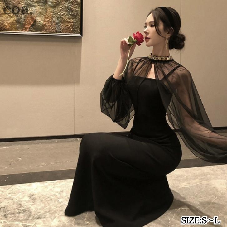 乐天商城 - タイトワンピース ドレス レディース ツーピース 2点セット ロング丈 ロングワンピース ノースリーブ ショール 長袖 レース シンプル パーティードレス キャバドレス イブニングドレス セクシー 奇麗め 上品 お洒落 二次会 結婚式 お呼ばれ