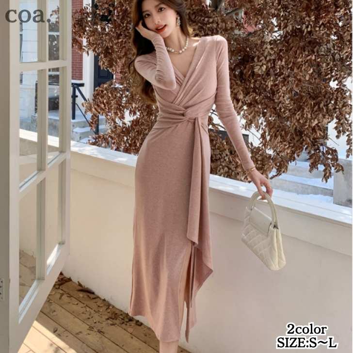 乐天商城 - ワンピース ドレス レディース Vネック カシュクール ニットソー 長袖 ミモレ丈 ミモレワンピース ロング丈 ロングワンピース スリット シンプル ワンピースドレス セクシー カジュアル デート 奇麗め 上品 お洒落 女子会
