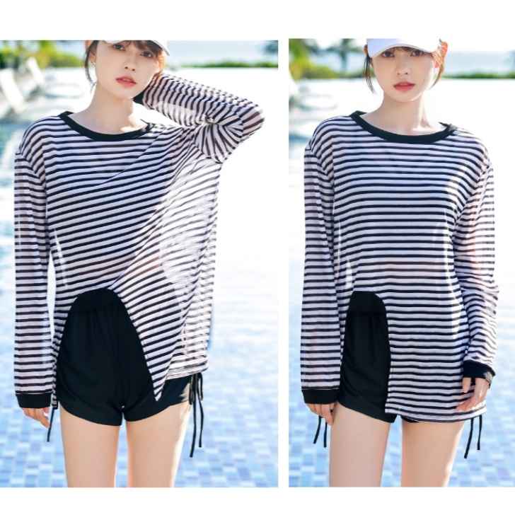 水着 セパレート レディース ビキニ3点セット 長袖 ショートパンツ 体型カバー 大きいサイズ ボーダー ママ水着 セクシー 可愛い お洒落 大人