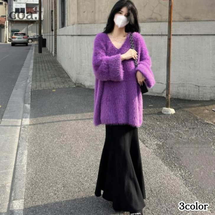乐天商城 - ニット セーター トップス Vネック 長袖 無地 レディース 大人 体型カバー ゆったり カジュアル シンプル お洒落 可愛い お出かけ