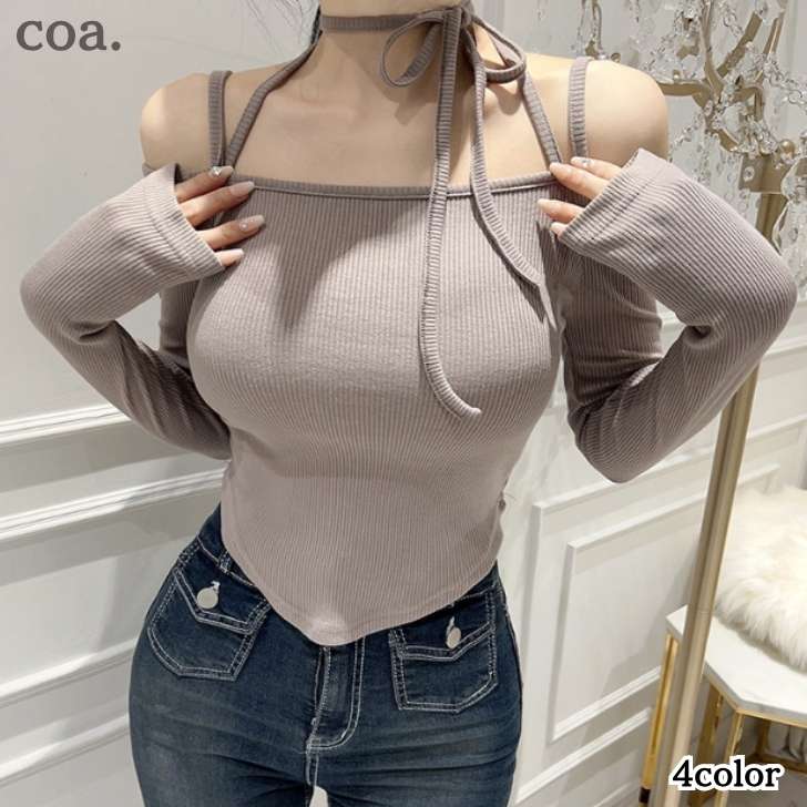 乐天商城 - シャツ Tシャツ ロンT クロス ストラップ オフショルダー 肩出し スリム タイト 無地 セクシー カジュアル 長袖 トップス シンプル レディース セクシー 大人 きれいめ
