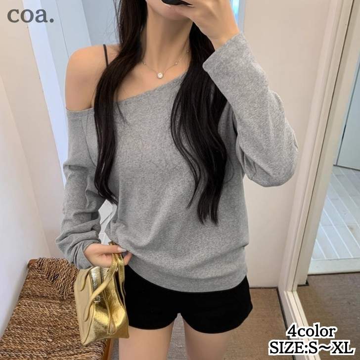 乐天商城 - シャツ Tシャツ 長袖 カットソー オフショルダー 肩出し カジュアル トップス レディース 大人 無地 可愛い おしゃれ シンプル 春 秋 薄手【返品交換不可】