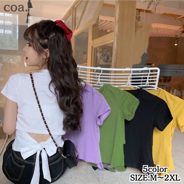 乐天商城 - トップス シャツ Tシャツ 半袖 レディース カットソー クルーネック バックリボン 背中開き 大人 無地 シンプル お洒落 可愛い お出かけ【返品交換不可】