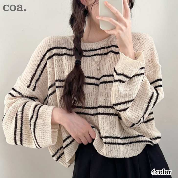 乐天商城 - ニット 透かし編み サマーニット トップス Tシャツ カットソー ボーダー シンプル 薄手 長袖 カジュアル トップス レディース 大人 きれいめ デート 女子会 可愛い おしゃれ