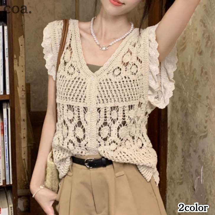 Rakuten - レース ニット 透かし編み トップス Tシャツ 半袖 ベスト 無地 シンプル 薄手 カジュアル トップス レディース 大人 きれいめ デート 女子会 可愛い おしゃれ