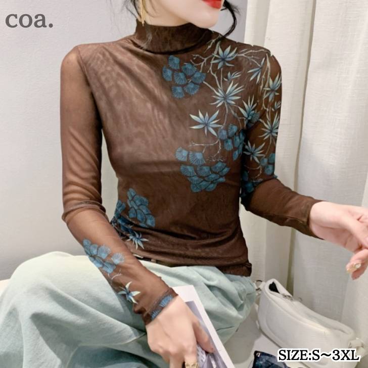 Long-Sleeved - シャツ Tシャツ ロンT プリント 花柄 カジュアル レトロ 長袖 ハイネック トップス レディース 大人 きれいめ 上品 エレガント クール 通勤 デート 女子会 可愛い