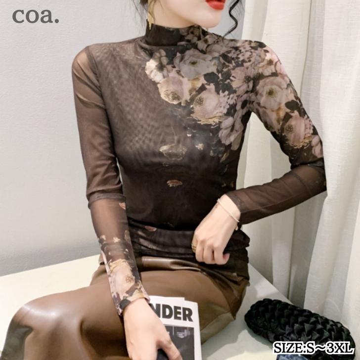 乐天商城 - シャツ Tシャツ ロンT プリント 花柄 カジュアル レトロ 長袖 薄手 ハイネック トップス レディース 大人 きれいめ 上品 エレガント クール 通勤 デート 女子会 可愛い