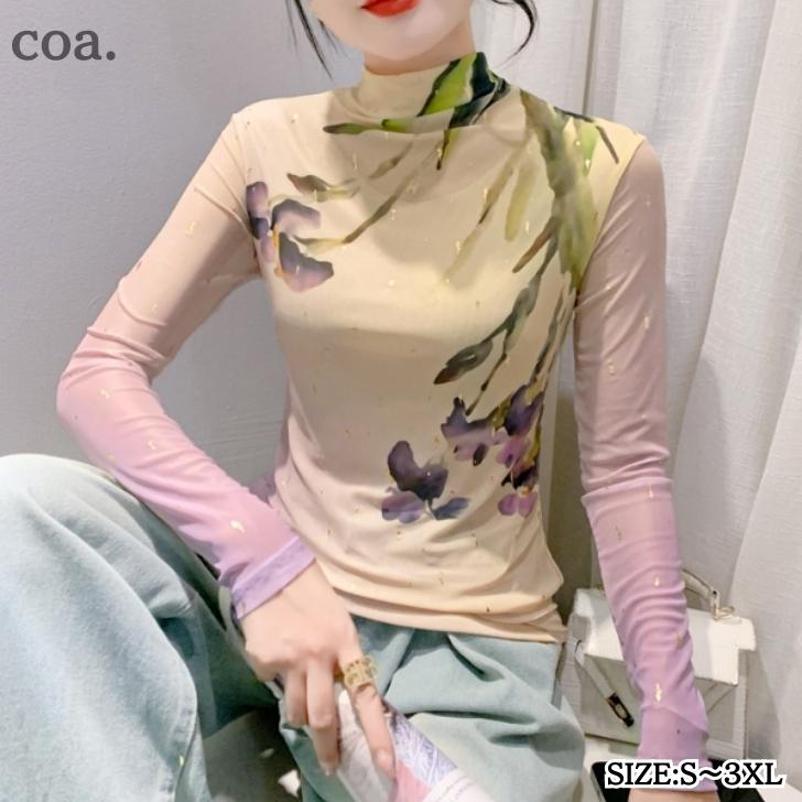 乐天商城 - シャツ Tシャツ ロンT プリント 花柄 カジュアル レトロ 長袖 薄手 ハイネック トップス レディース 大人 きれいめ 上品 エレガント クール 通勤 デート 女子会 可愛い