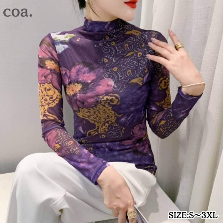 乐天商城 - シャツ Tシャツ ロンT プリント 花柄 カジュアル レトロ 長袖 薄手 ハイネック トップス レディース 大人 きれいめ 上品 エレガント クール 通勤 デート 女子会 可愛い