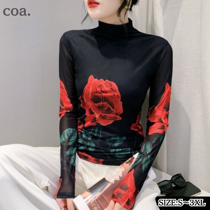 Rakuten - シャツ Tシャツ ロンT プリント 花柄 カジュアル レトロ 長袖 薄手 ハイネック トップス レディース 大人 きれいめ 上品 エレガント クール 通勤 デート 女子会 可愛い