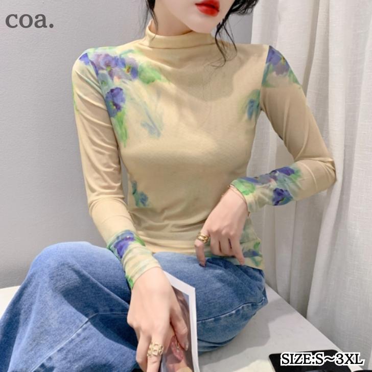 Rakuten - シャツ Tシャツ ロンT プリント 花柄 カジュアル レトロ 長袖 ハイネック トップス レディース 大人 きれいめ 上品 エレガント クール 通勤 デート 女子会 可愛い