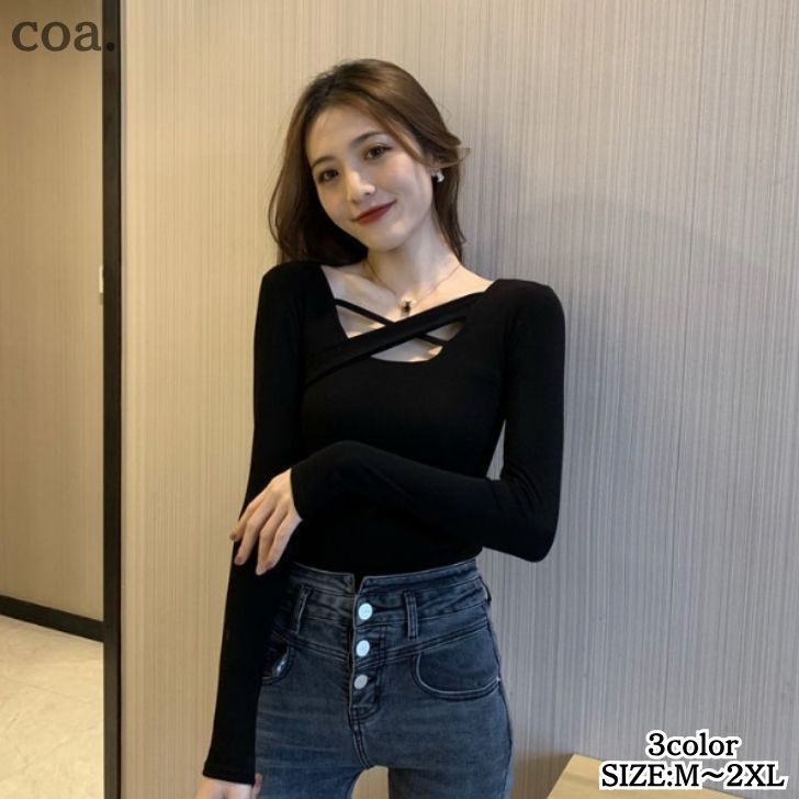 Rakuten - シャツ Tシャツ ロンT カットソー 無地 セクシー カジュアル 長袖 トップス シンプル レディース 大人 きれいめ