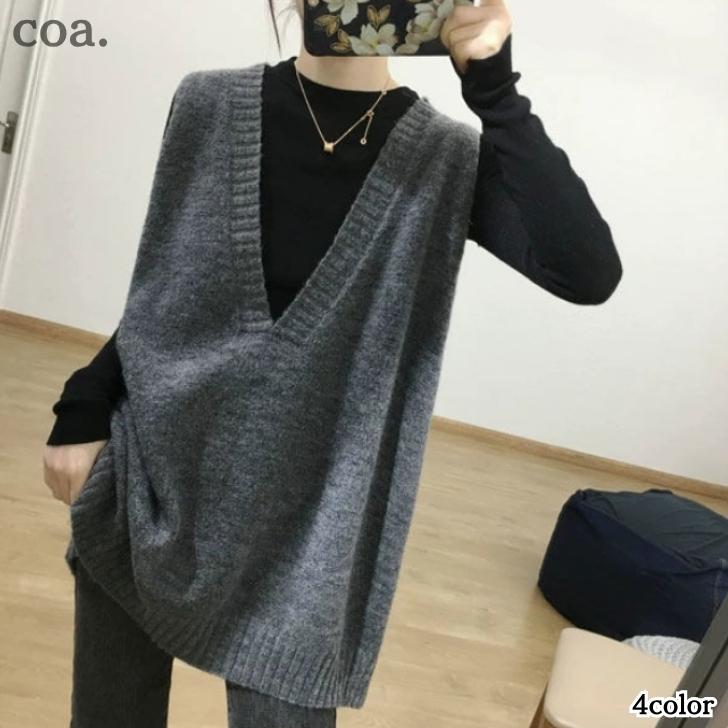 Rakuten - ニット ベスト トップス セーター レディース 無地 Vネック カジュアル シンプル 大人 お洒落 上品 可愛い お出かけ 女子会 デート