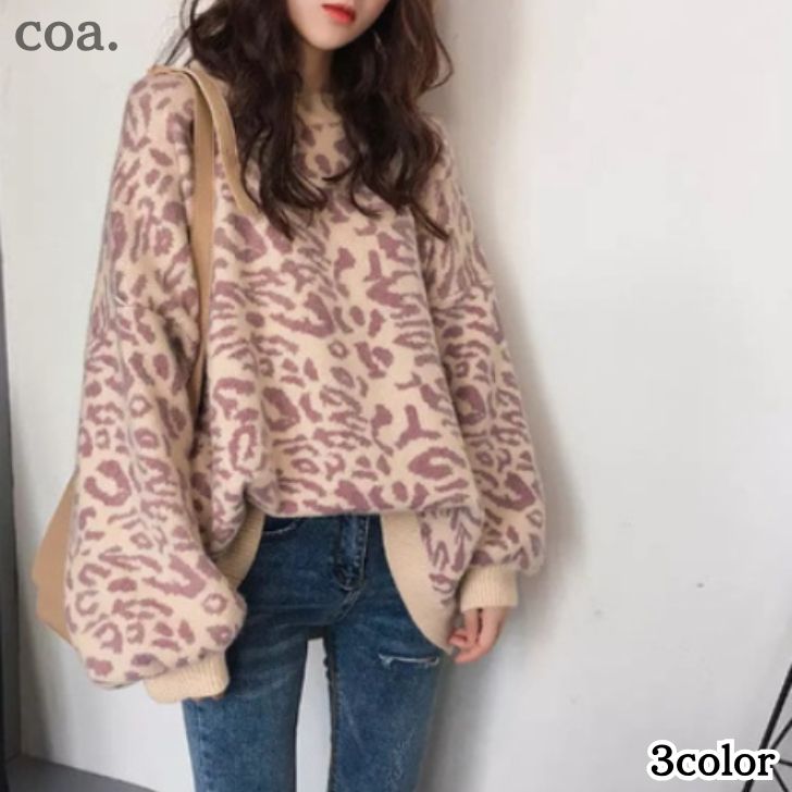 乐天商城 - ニット セーター トップス 長袖 丸首レディース 大人 ゆったり 体型カバー ヒョウ柄 豹柄 アニマル柄 カジュアル シンプル お洒落 可愛い お出かけ