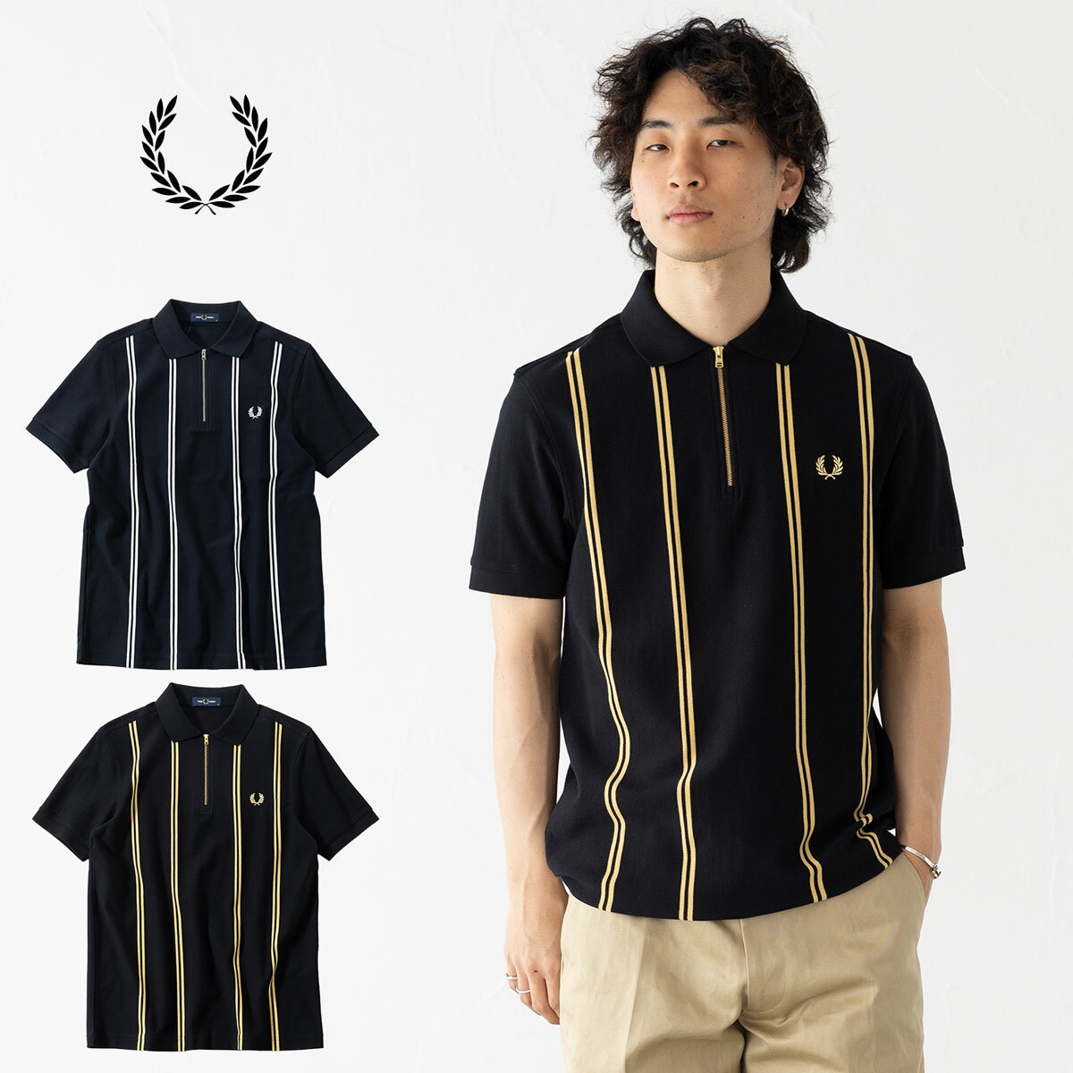 Rakuten - フレッドペリー バーティカル ストライプ ポロシャツ FRED PERRY M2419 メンズ ハーフジップ 半袖