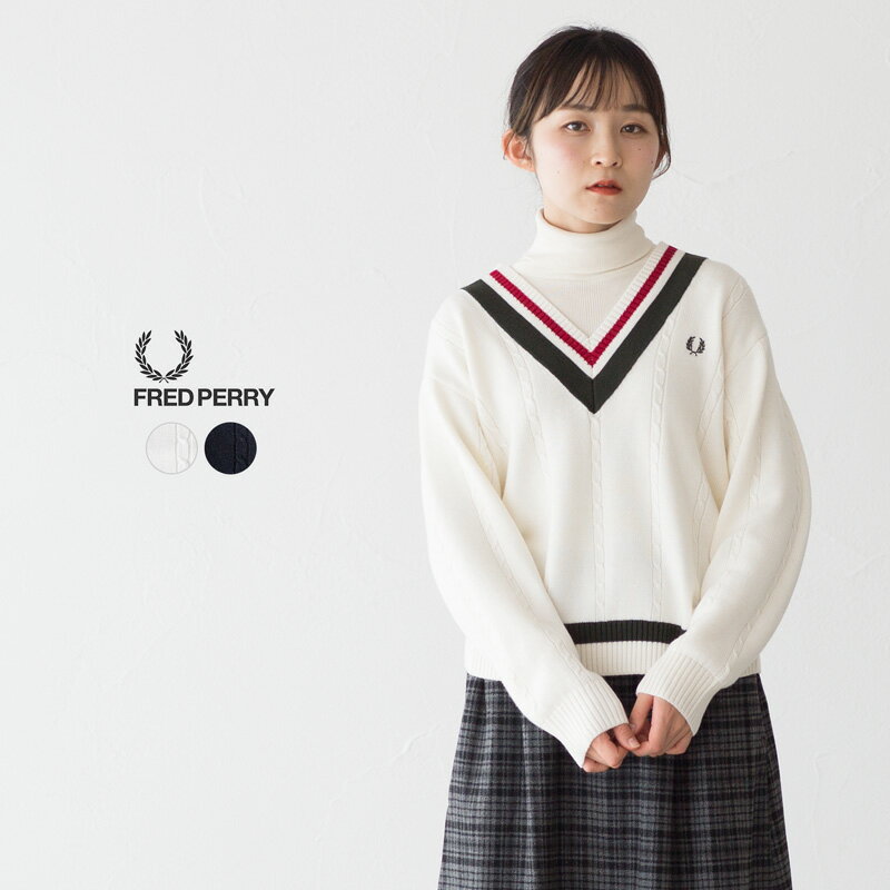 フレッドペリー レディース Vネック ケーブルニット テニスセーター K2114 BOLD TIPPED CABLE KNIT JUMPER チルデンセーターのサムネイル