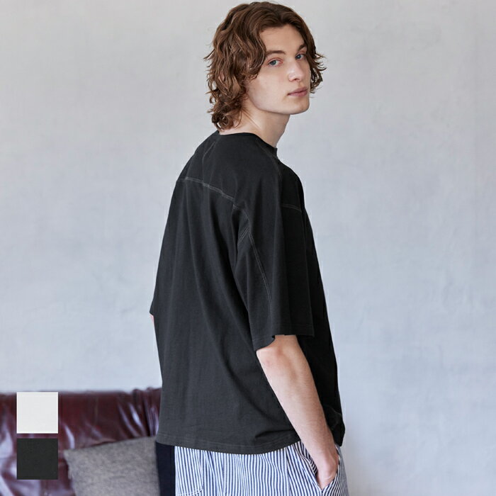 セール★1490円→990円 Tシャツ メンズ フットボールT 後ろ切り替え カバーステッチ ビッグシルエット クルーネック ミディアム丈 無地 半袖 メール便不可 24ss coca コカのサムネイル
