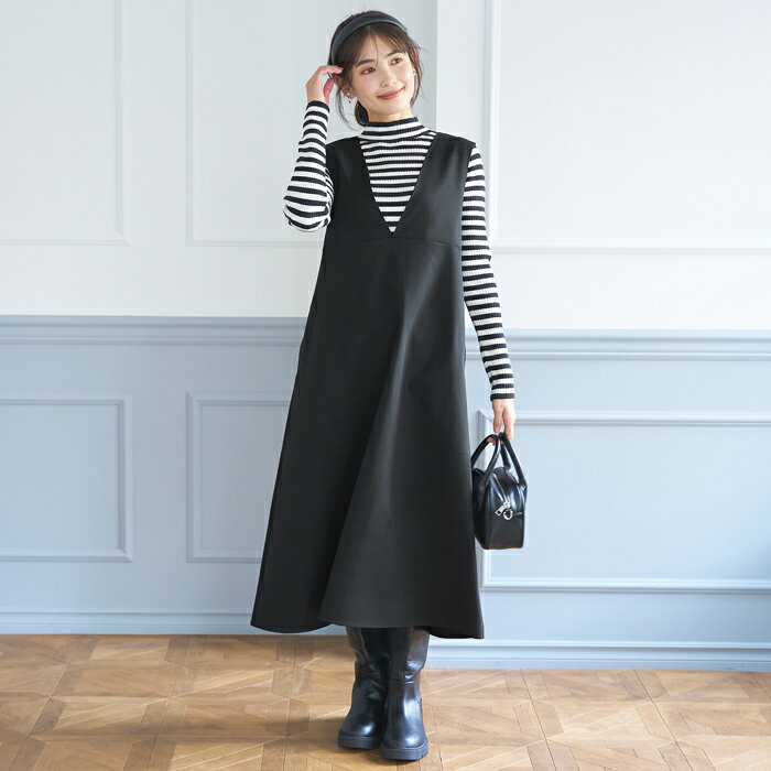 WEB限定セール★ ジャンパースカート レディース ツイル フレア Vネック ポケット ロング丈 無地 メール便不可 23aw coca コカのサムネイル