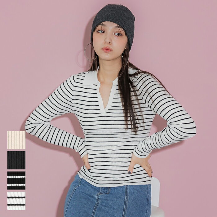 WEB限定セール ★1990円→550円ニット レディース 長袖 襟付き ポロ スキッパーニット ミディアム丈 ボーダー GC メール便不可 24aw coca...