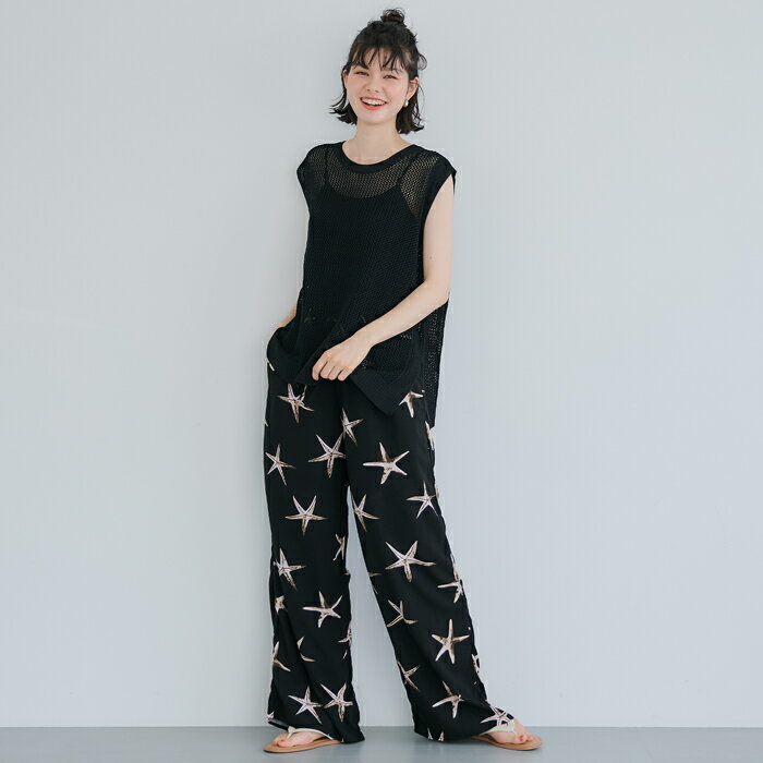 パンツ レディース イージーパンツ ヒトデ 柄パン ワイドパンツ ウエストゴム ウエスト紐 ポケット レーヨン とろみ メール便不可 24ss coca コカのサムネイル